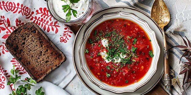 Foto eine schüssel tomatensuppe mit einer brotscheibe im hintergrund