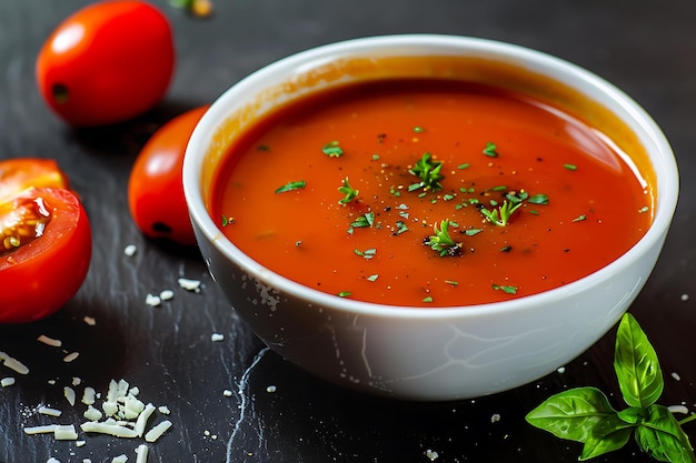 eine Schüssel Tomatensuppe mit einer kleinen Menge Petersilie auf der Seite