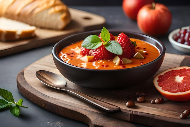 Eine Schüssel Tomatensuppe mit Himbeeren auf einem Holzbrett.