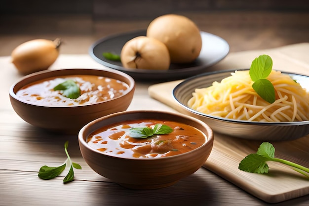 Eine Schüssel Tomatensuppe mit Nudeln und eine Schüssel Tomatensuppe.