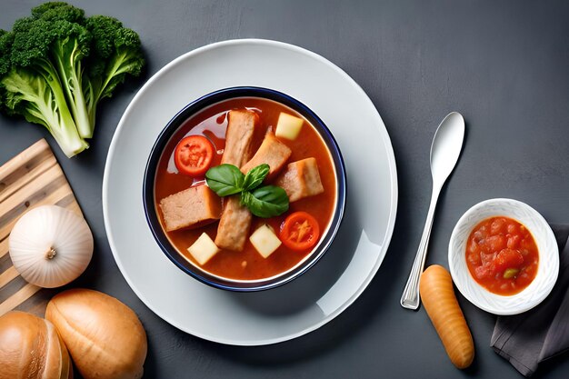 Eine Schüssel Tomatensuppe mit Tomatensauce und Brokkoli als Beilage.