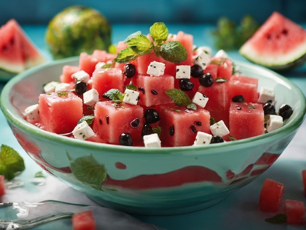 eine Schüssel Wassermelone mit Erdbeeren und Erdbeeren.