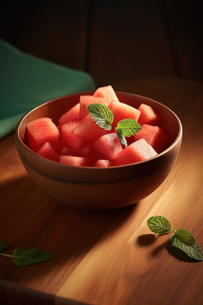 Eine Schüssel Wassermelonensalat mit Minzblättern auf einem Holztisch.