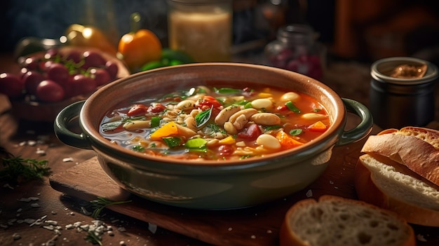 Eine Schüssel weiße Bohnensuppe mit Gemüse auf einem Holztisch