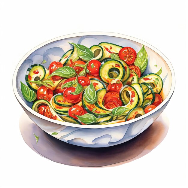eine Schüssel Zucchini mit Soße und Basilikum auf weißem Hintergrund im Stil von Spiralen und Kurven
