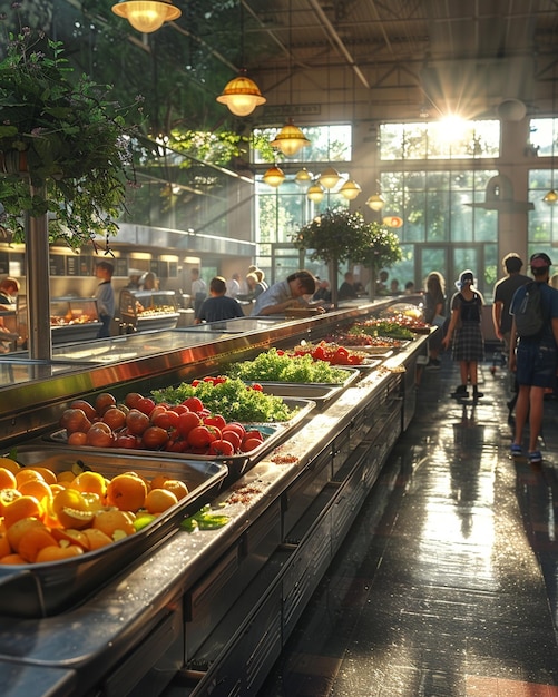 Foto eine schulcafeteria, in der nahrhafte mahlzeiten serviert werden