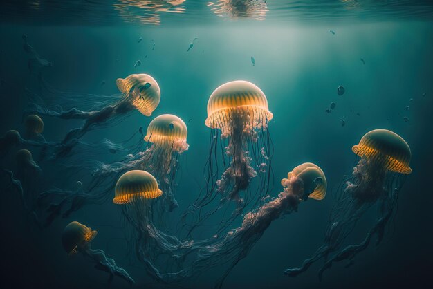 Eine Schule von pazifischen Seenesselquallen, die in türkisfarbenem Wasser schwimmen