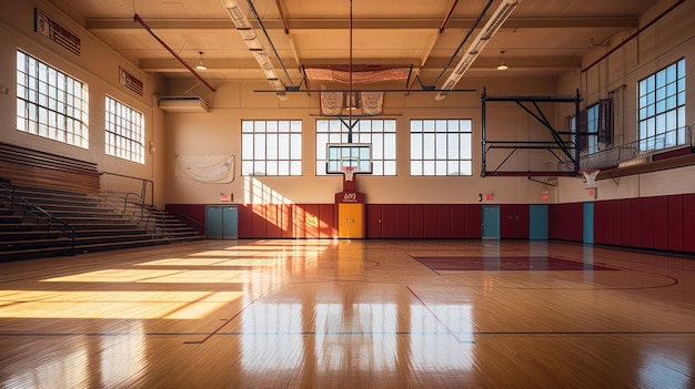 Foto eine schulturnhalle mit basketballkörben und tribünen