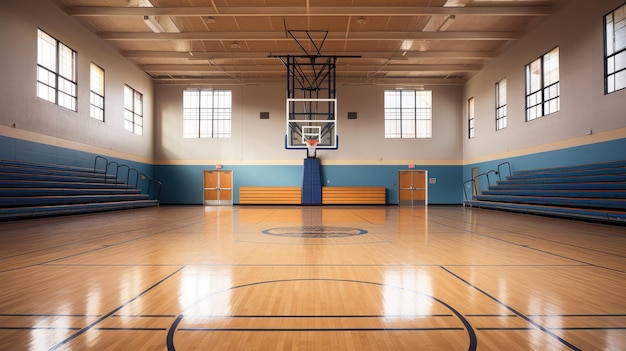 Eine Schulturnhalle mit Basketballkörben und Tribünen