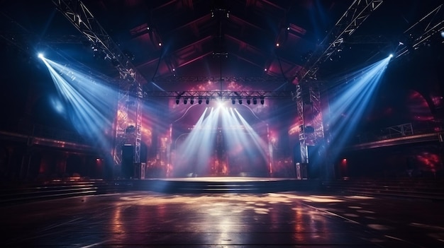 Eine schwach beleuchtete Bühne mit einer Bühne und Bühnenbeleuchtung