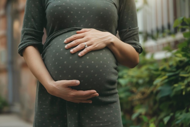 Eine schwangere Frau hält ihren Bauch mit den Händen