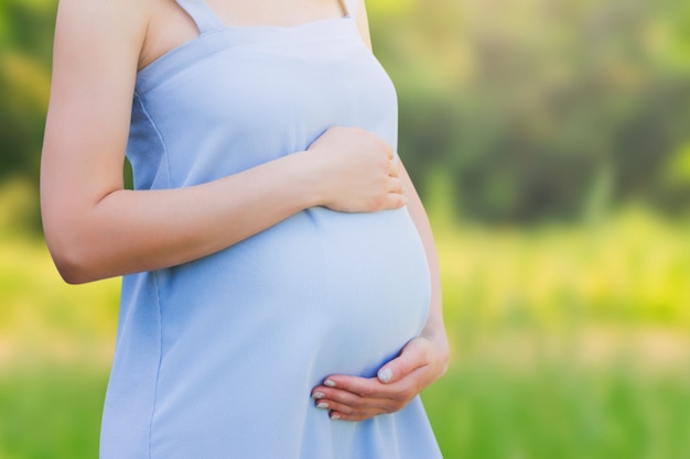 Eine schwangere Frau in einem blauen Kleid auf Naturnahaufnahme. Liebe für Kinderkonzept mit Kopienraum.