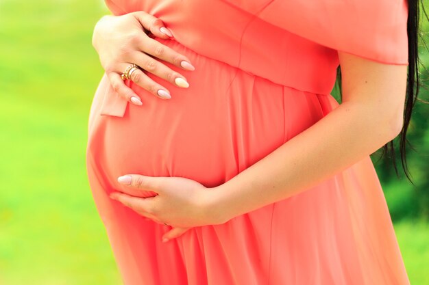 Eine schwangere Frau in einem Kleid hält ihre Hände auf dem Bauch in einem Feld an einem Sommertag Das Konzept der Schwangerschaft Mutterschaft Nahaufnahme im Freien