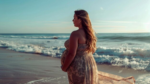 Eine schwangere Frau in einem Kleid steht am Strand