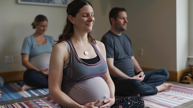 Foto eine schwangere frau sitzt in einer yoga-pose mit geschlossenen augen und den händen auf dem bauch. sie trägt ein tanktop und leggings.