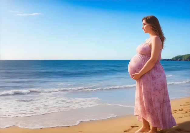 Eine schwangere Frau steht am Strand