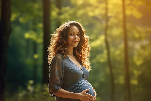 Eine schwangere Frau steht mit den Händen auf dem Bauch im Wald.