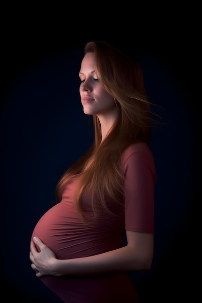 Eine schwangere Frau steht vor einem schwarzen Hintergrund.