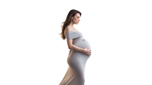 Eine schwangere Frau steht vor einem weißen Hintergrund