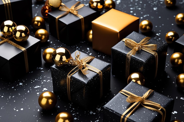 Eine schwarz-goldene Geschenkbox mit goldenen Ornamenten auf schwarzem Hintergrund