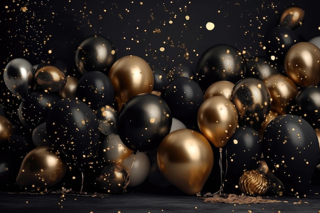 Eine schwarz-goldene Party mit schwarz-goldenen Luftballons und Konfetti