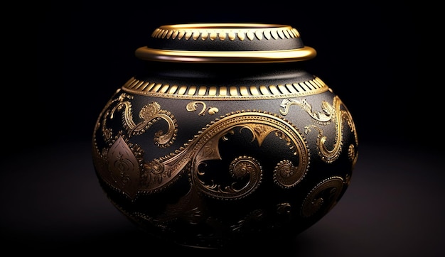 eine schwarz-goldene Vase mit einem goldenen Muster auf dem Boden.