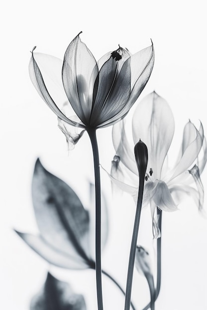 Eine Schwarz-Weiß-Fotografie von Blumen in einer Glasvase.