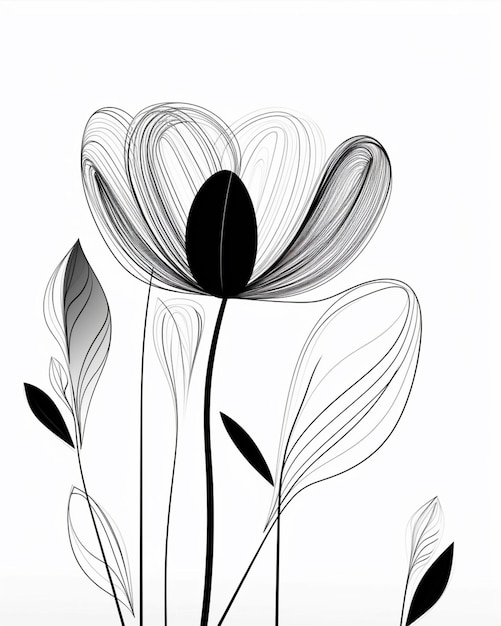 Eine Schwarz-Weiß-Illustration einer Blume mit Blättern und Blüten.