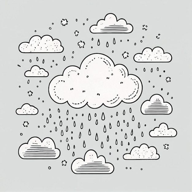 eine Schwarz-Weiß-Illustration einer Wolke, aus der Regen austritt, generative KI