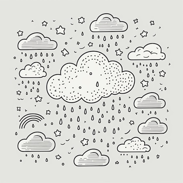 eine Schwarz-Weiß-Illustration einer Wolke mit Regen und Sternen, generative KI