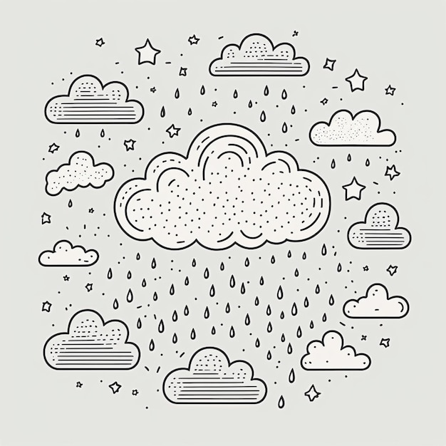 eine Schwarz-Weiß-Illustration einer Wolke mit Regen und Sternen, generative KI