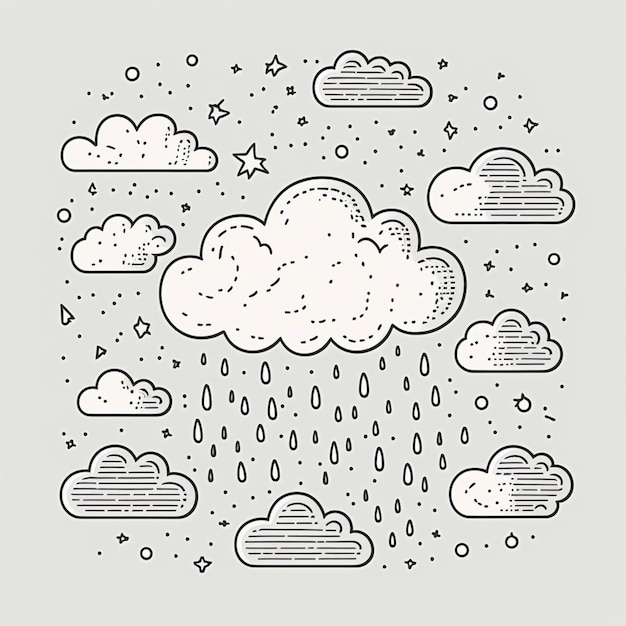 eine Schwarz-Weiß-Illustration einer Wolke mit Regen und Sternen, generative KI