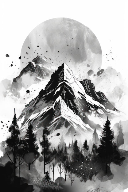 Eine Schwarz-Weiß-Illustration eines Berges mit den Bergen im Hintergrund.