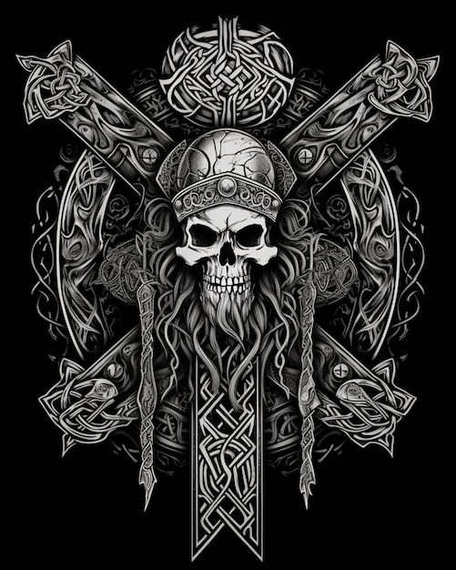 Eine Schwarz-Weiß-Illustration eines Totenkopfes mit Helm und Schwertern.
