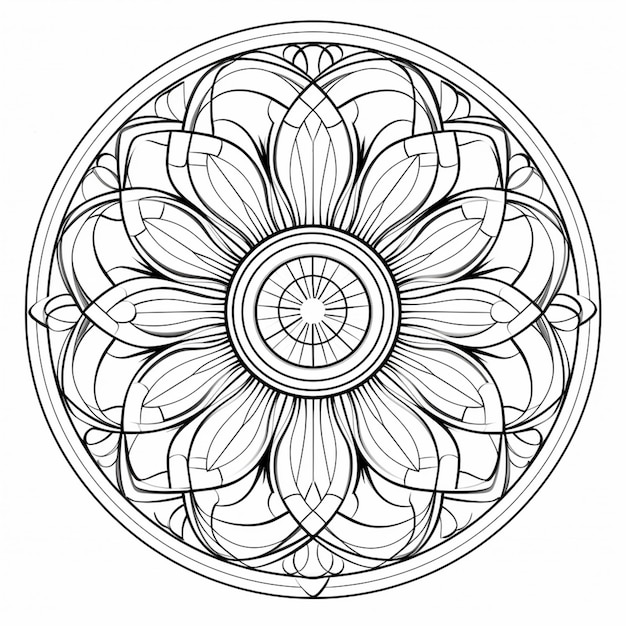 eine Schwarz-Weiß-Zeichnung einer Blume in einem Kreis, generative KI