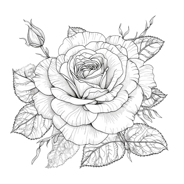 Eine Schwarz-Weiß-Zeichnung einer Blume mit Blättern und dem Wort Liebe darauf.