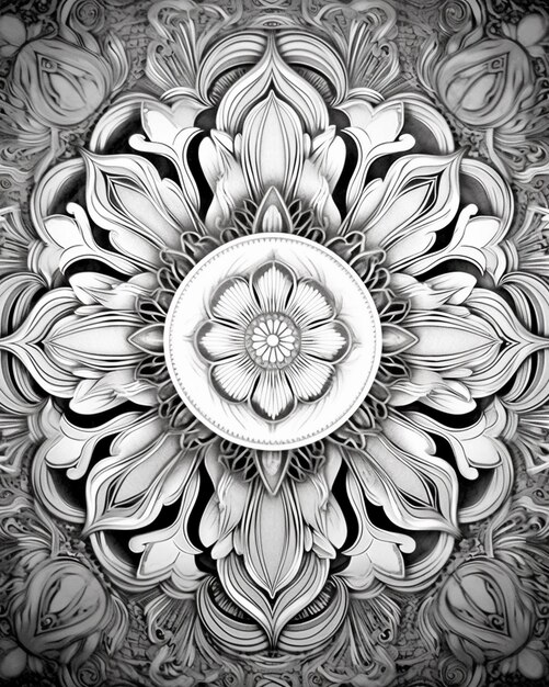 Eine Schwarz-Weiß-Zeichnung einer Blume mit einem kreisförmigen generativen Design