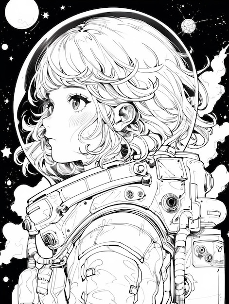 Eine Schwarz-Weiß-Zeichnung einer Frau in einem Astronautenanzug, generative KI