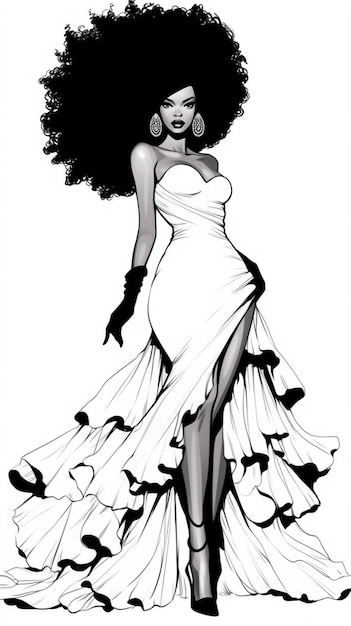 eine Schwarz-Weiß-Zeichnung einer Frau mit einem großen Afro-generativen KI