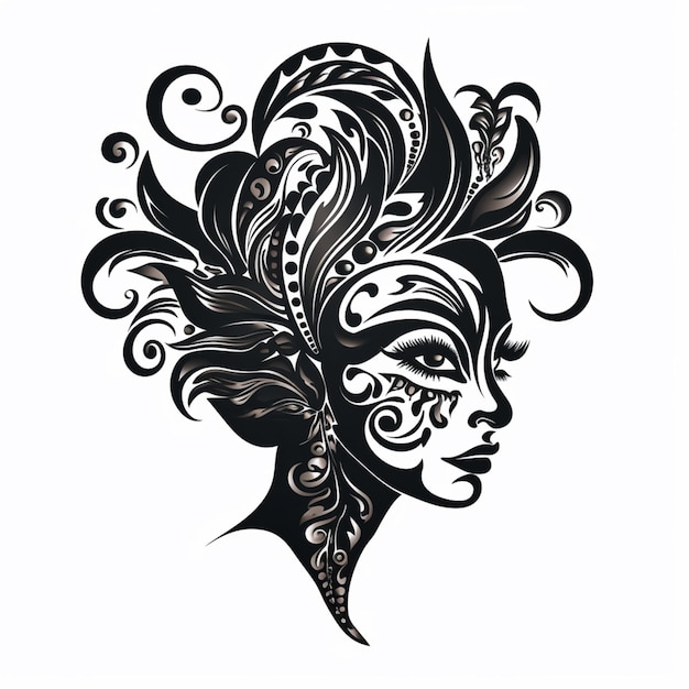 eine Schwarz-Weiß-Zeichnung einer Frau mit floralem Kopfschmuck generative ai
