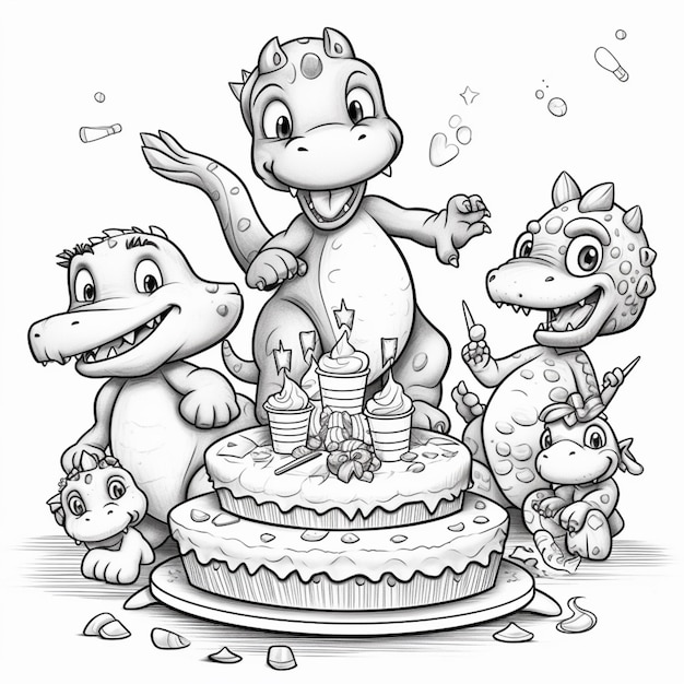 Eine Schwarz-Weiß-Zeichnung einer Geburtstagstorte mit dem Namen des Dinosauriers darauf.