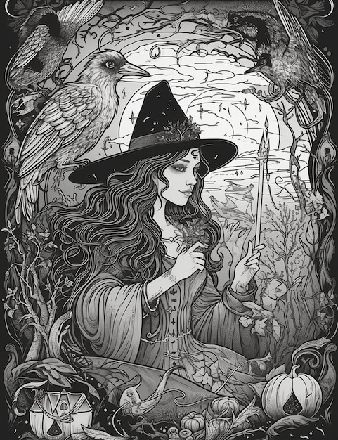 Eine Schwarz-Weiß-Zeichnung einer Hexe mit Hut und Kürbis.