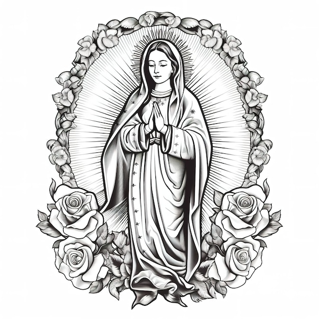 Eine Schwarz-Weiß-Zeichnung einer Jungfrau Maria mit Rosen im Hintergrund
