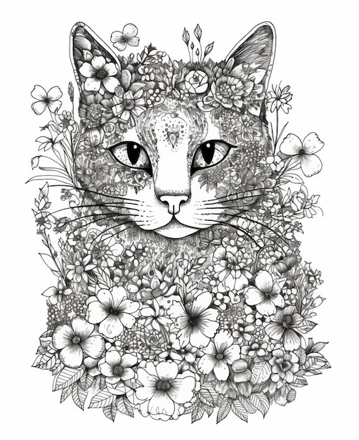 Eine Schwarz-Weiß-Zeichnung einer Katze mit Blumen um das Gesicht.