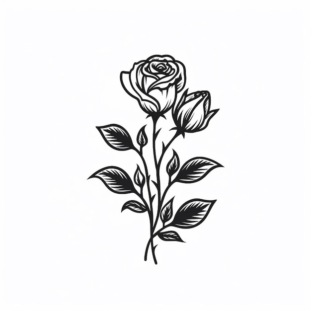 Foto eine schwarz-weiß-zeichnung einer rose mit generativen blättern