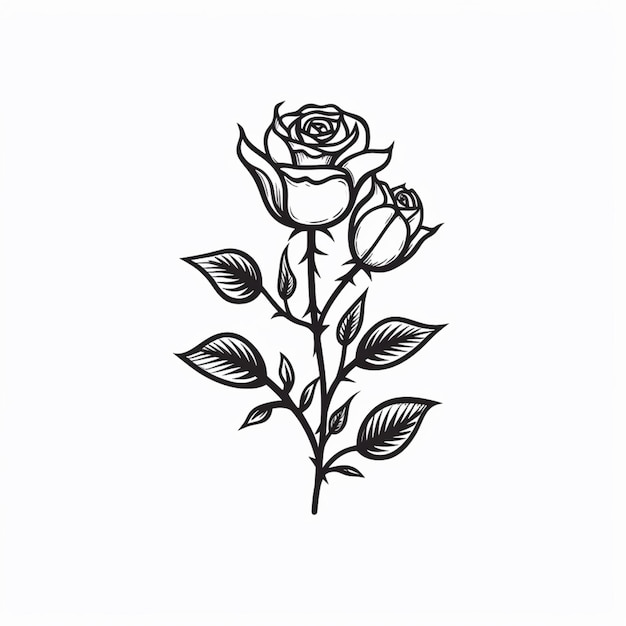 Foto eine schwarz-weiß-zeichnung einer rose mit generativen blättern
