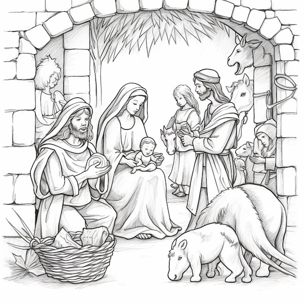 Eine schwarzweißzeichnung einer weihnachtskrippe mit einem jesuskind