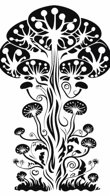 eine Schwarz-Weiß-Zeichnung eines Baumes mit vielen Blättern, generative KI