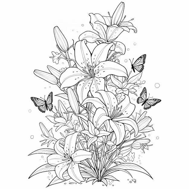 Eine Schwarz-Weiß-Zeichnung eines Blumenstraußes mit generativen Schmetterlingen