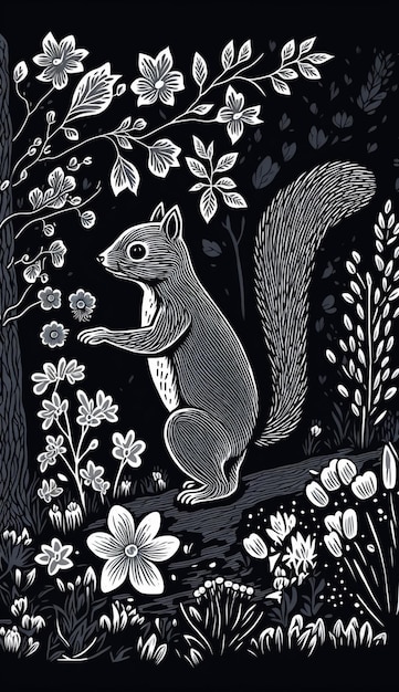 Foto eine schwarz-weiß-zeichnung eines eichhörnchens mit buschigem schwanz.